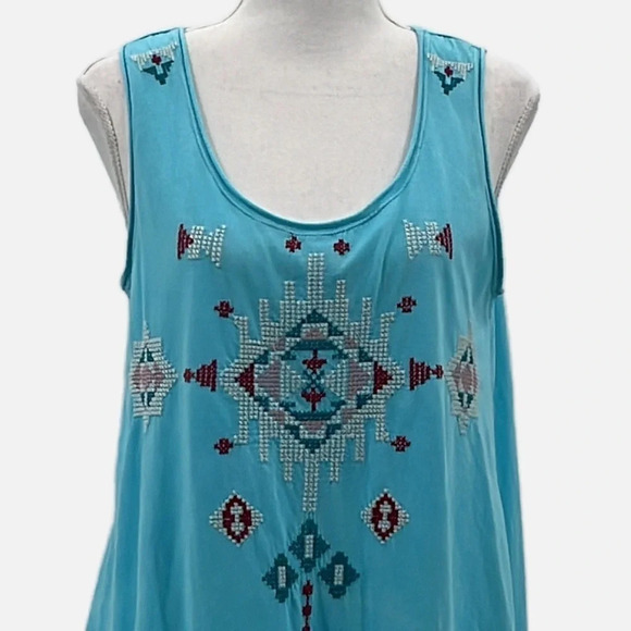 Johnny Was Cross Stitched Tunic Length Tank Top Raw Hem in Blue - Size Small - Picture 2 of 11